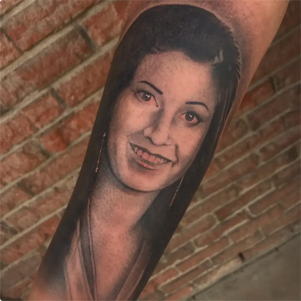 Black and grey memorial portrait tattoo by Moose, Calgary Tattoo Company