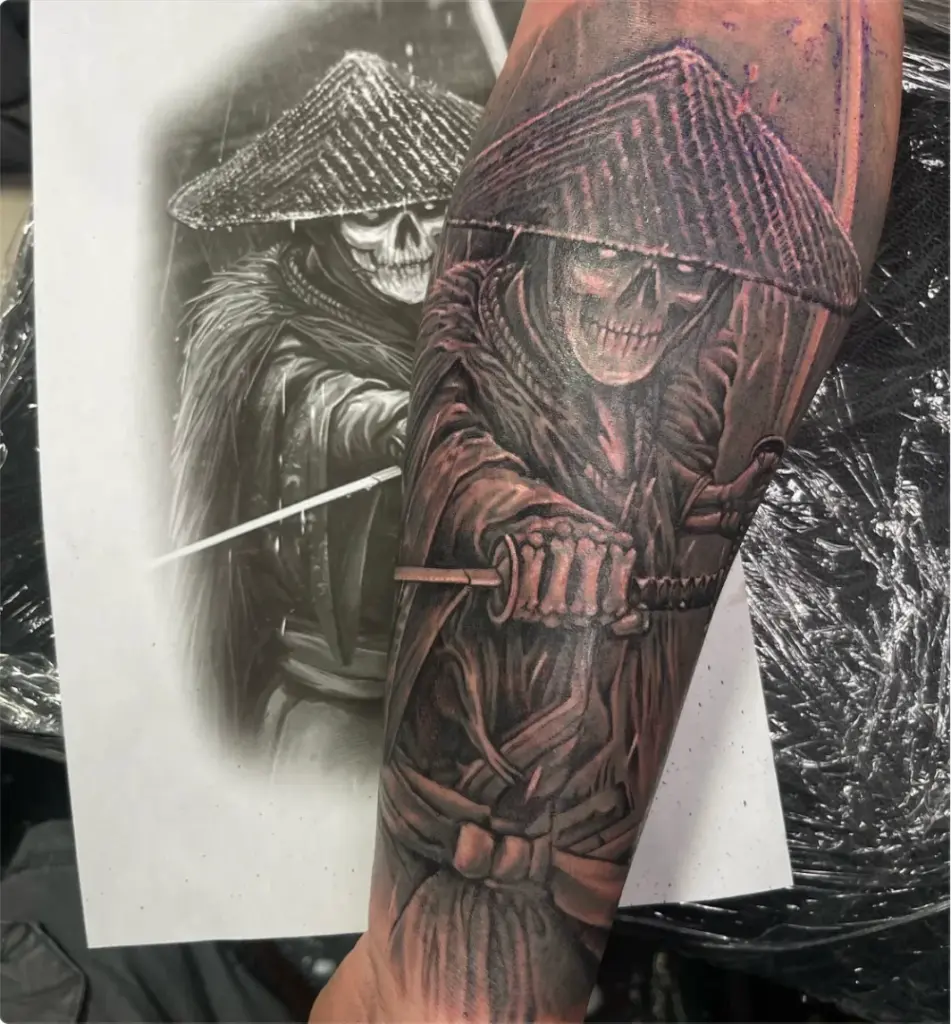 Black and grey skeleton samurai tattoo by Moose, Calgary Tattoo Company