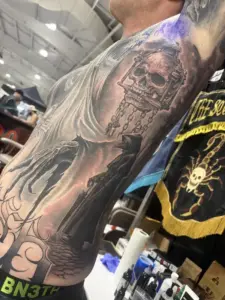 Black and grey sleeve tattoo by Moose, Calgary Tattoo Company