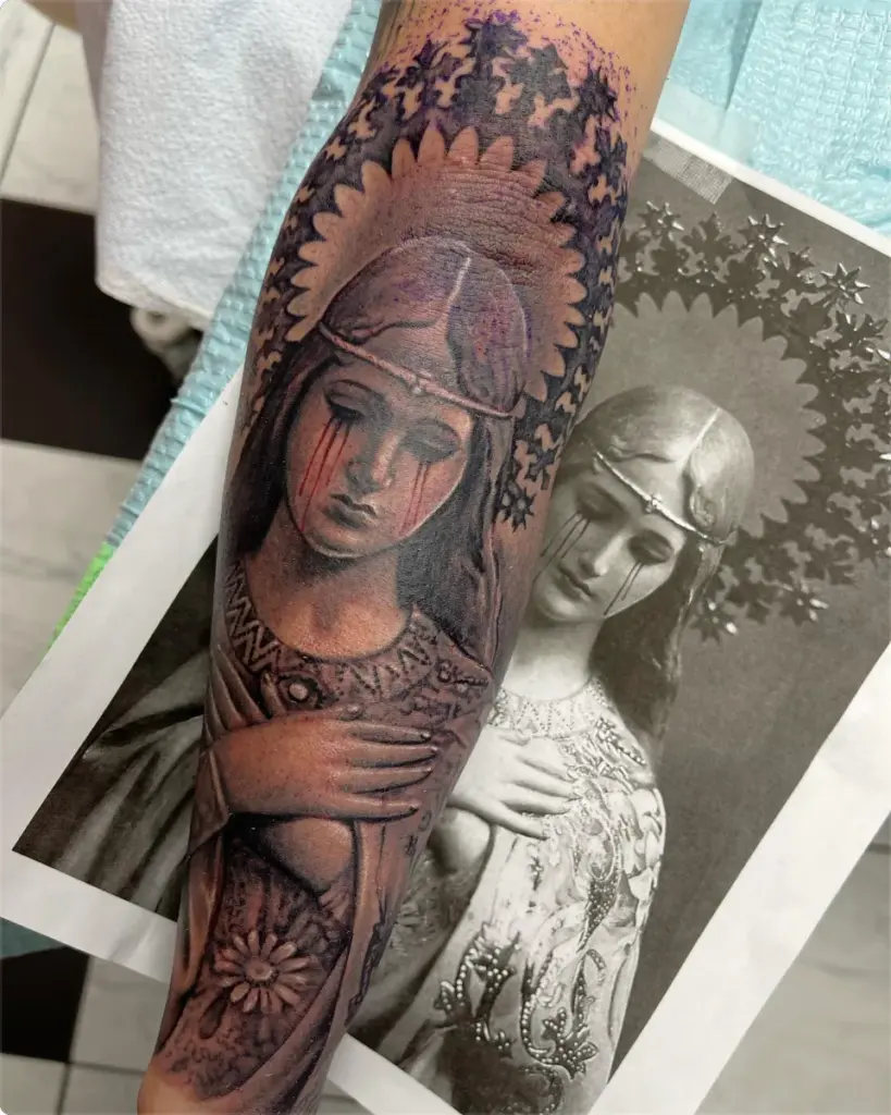 Black and grey weeping Madonna tattoo by Moose, Calgary Tattoo Company