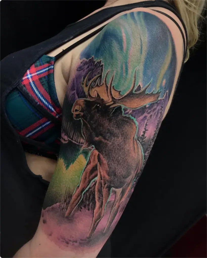 Colour moose and northern lights tattoo by Moose, Calgary Tattoo Company