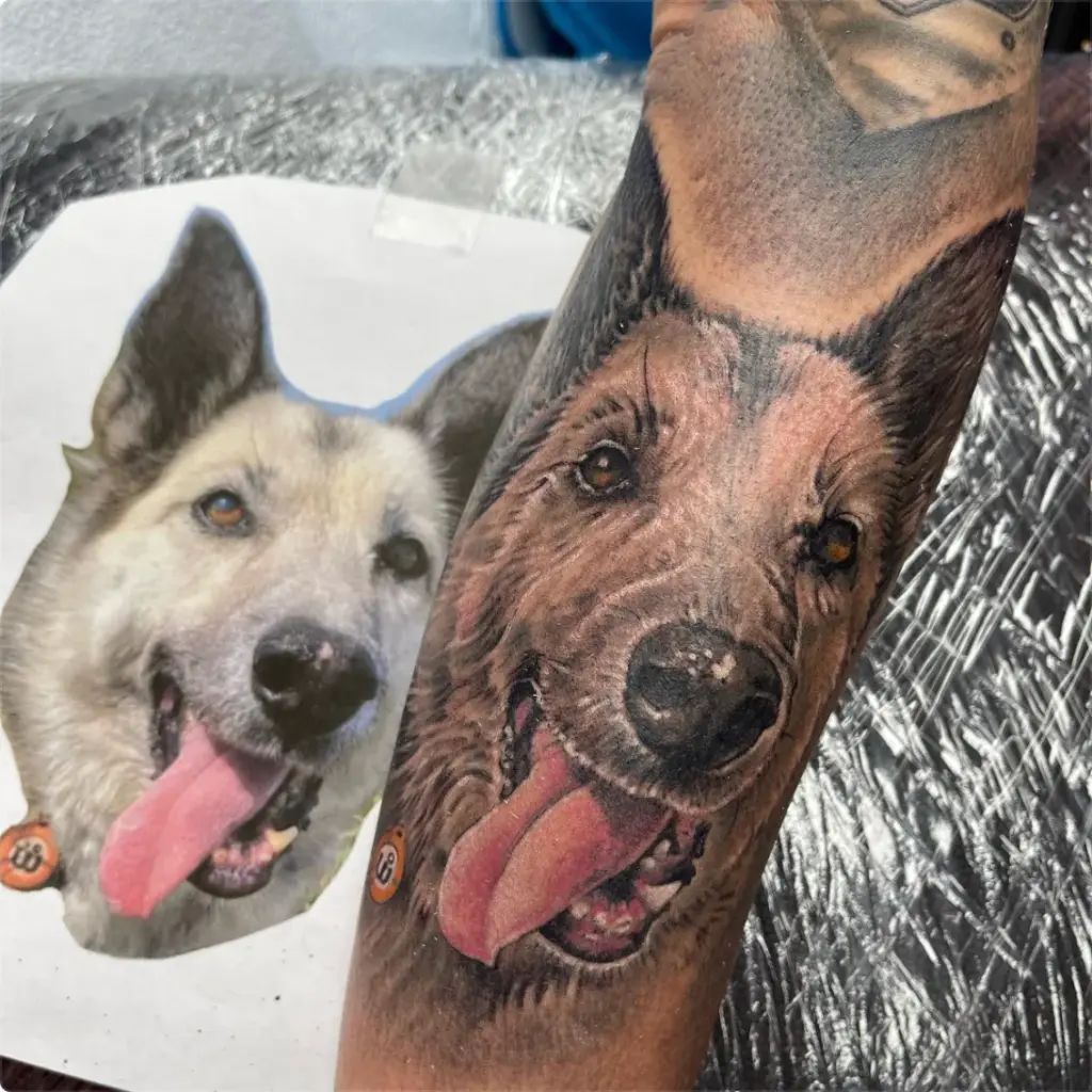 Colour realism dog portrait tattoo by Moose, Calgary Tattoo Company