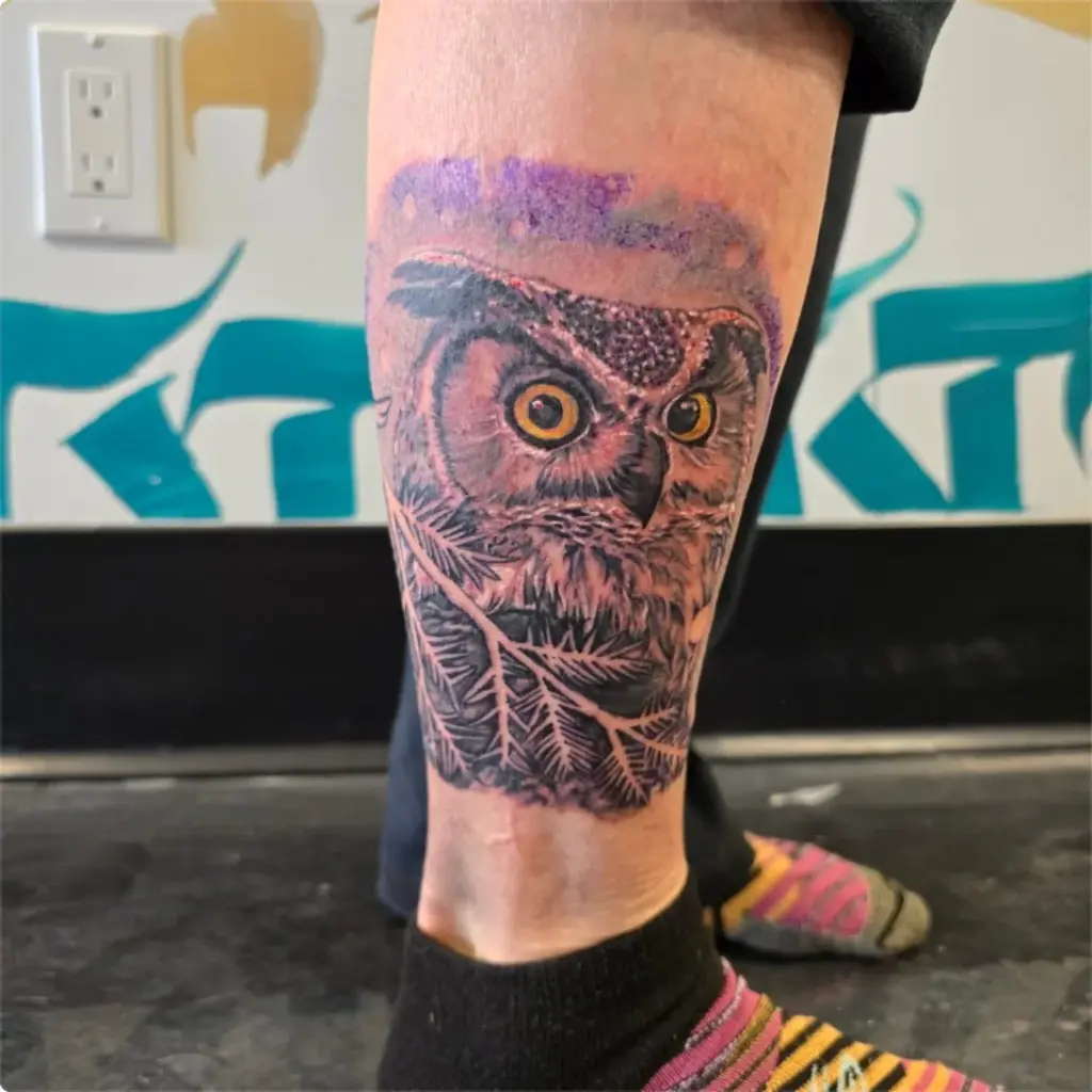 Colour realism great horned owl tattoo by Tonka, Calgary Tattoo Company