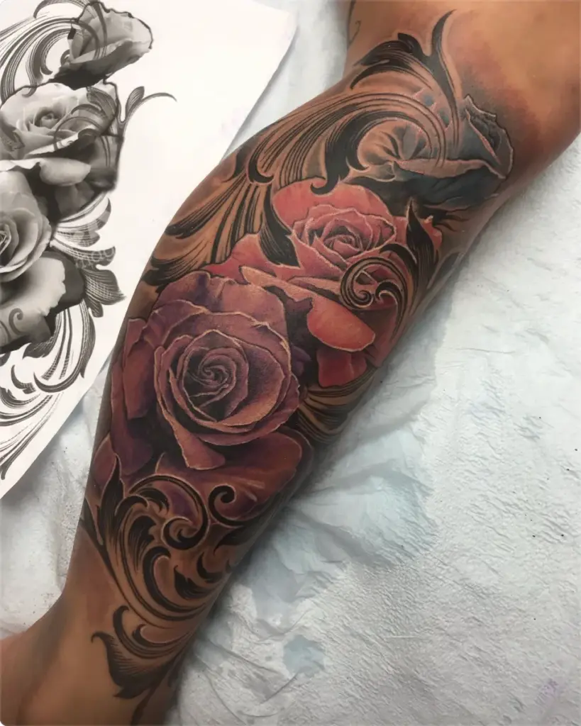Colour roses and filigree tattoo by Moose, Calgary Tattoo Company