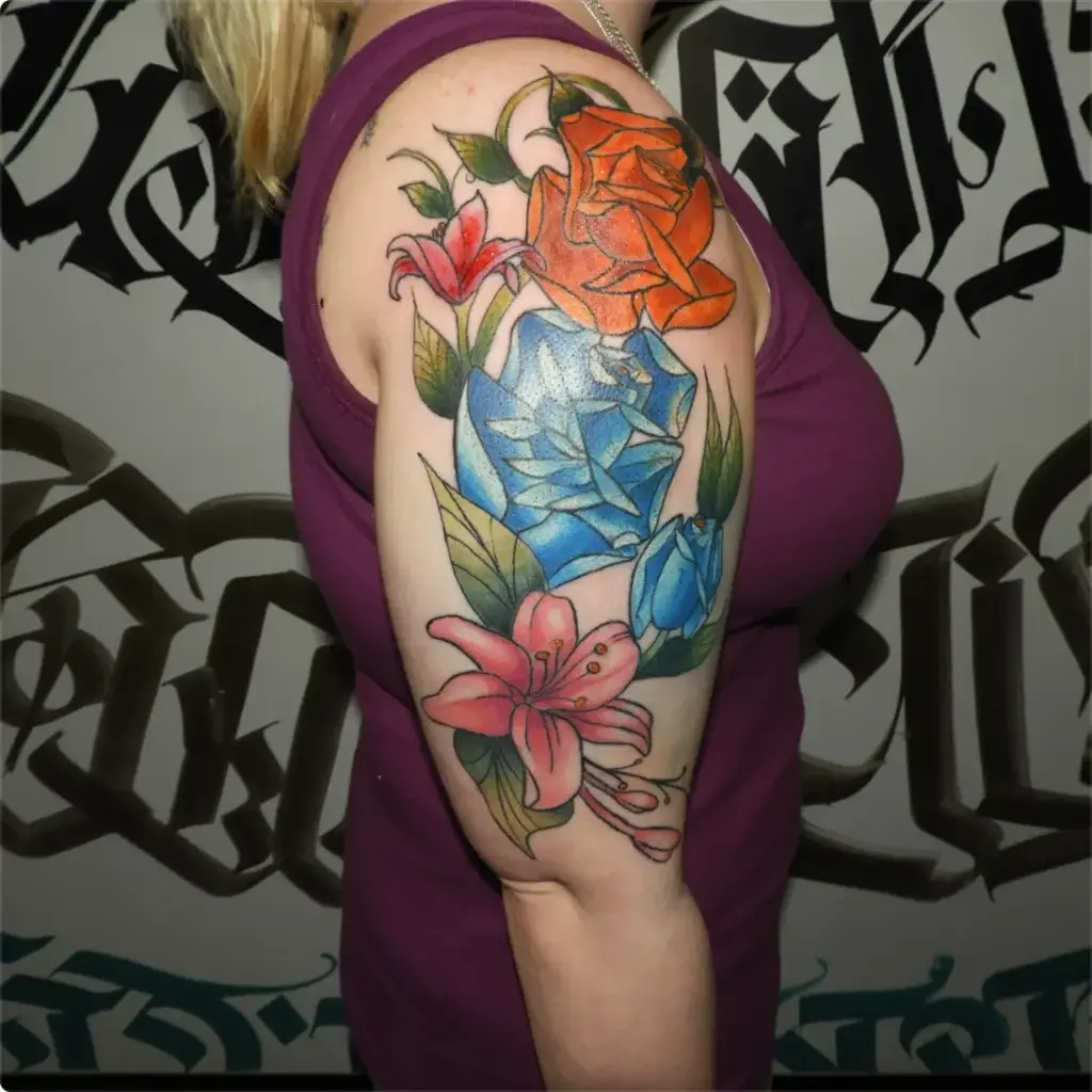 Colour roses and lilies tattoo by Keith, Calgary Tattoo Company