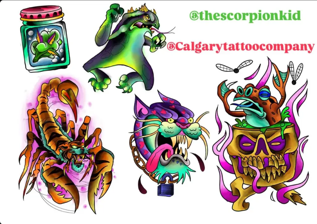 Flash sheet of a scorpion, a specimen jar and creatures by Keith, Calgary Tattoo Company