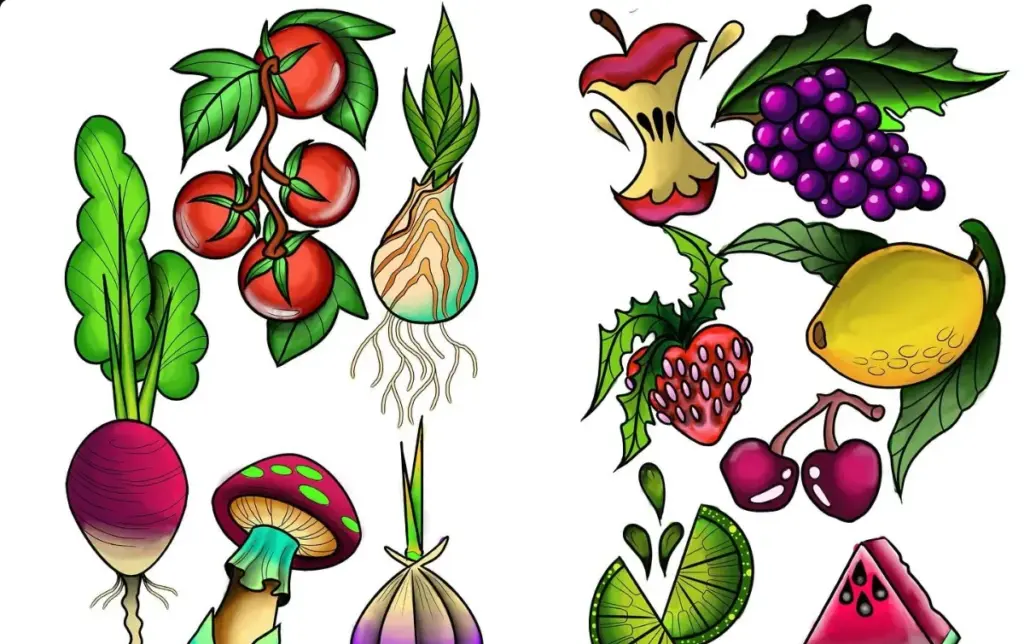 Flash sheet of fruit and vegetables by Keith, Calgary Tattoo Company