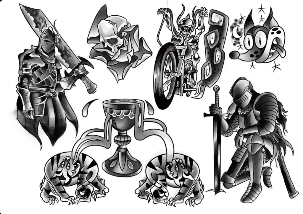 Flash sheet of knights, skulls and a skeleton biker by Keith, Calgary Tattoo Company