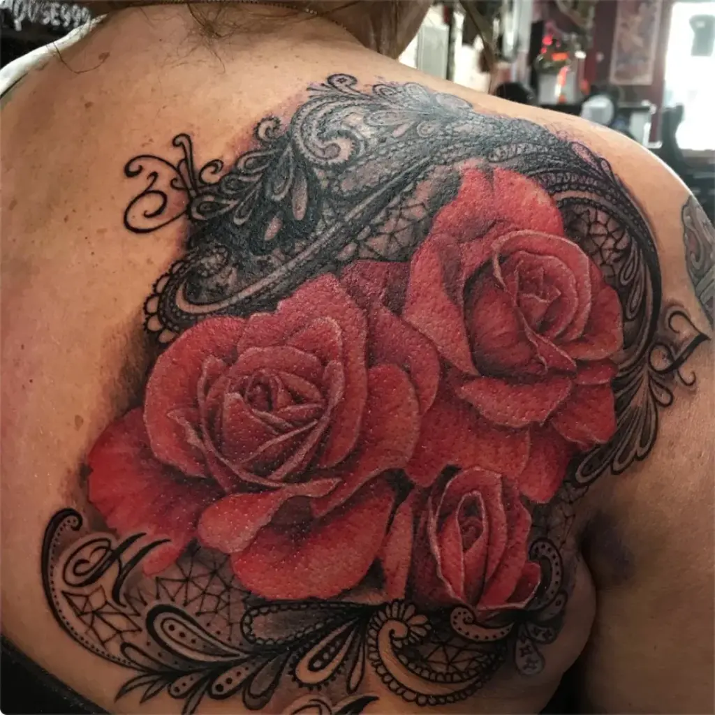 Red roses with black lace and filigree tattoo by Moose, Calgary Tattoo Company